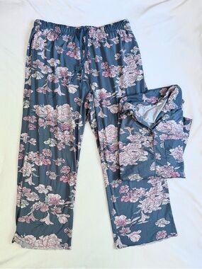 Berkshire Homewear Floral Lounge Pajamas Slate Blue Light Pink Long Sleeve XL